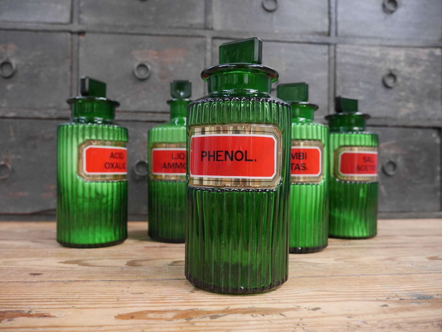 Green Gilt Glass Apothecary Jars