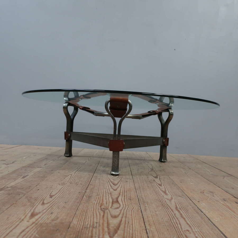 Iron & Leather Coffee Table in The Manner of Jacques Adnet